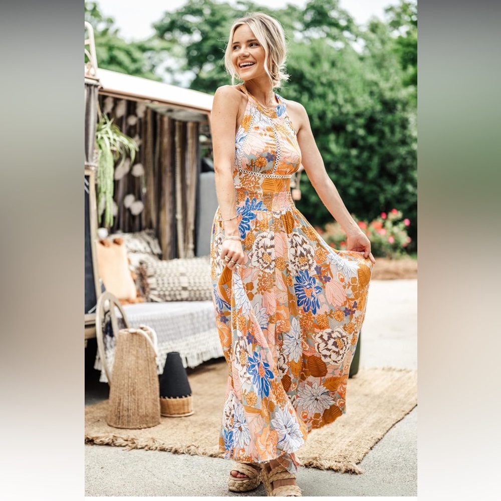 Petal & Pup Floral Maxi Dress in Orange and Blue